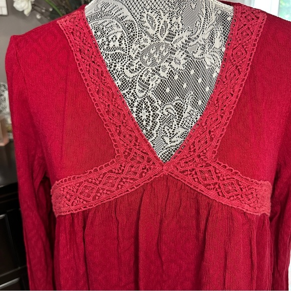 Suzanne Betro Boho Lace Trim Dress Red Textured Long Sleeve Size Large - Picture 3 of 15